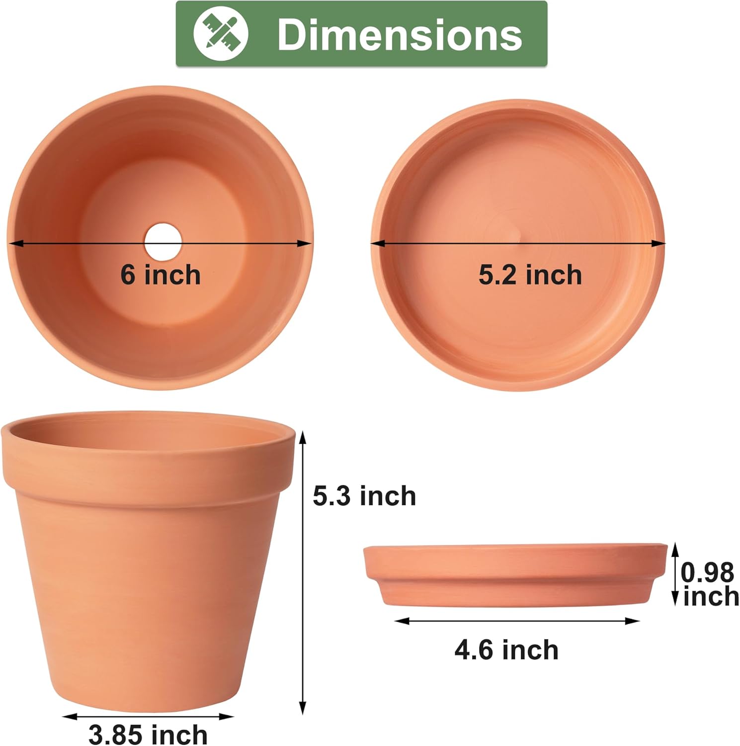 Orceler 6 inch Terracotta & Clay Pots for Plants with Saucer, Medium Terra Cotta Plant Pots with Drainage Hole, Flowerpot with Tray, Terracotta Pot for Indoor Outdoor Plant - Pack of 4 Planters